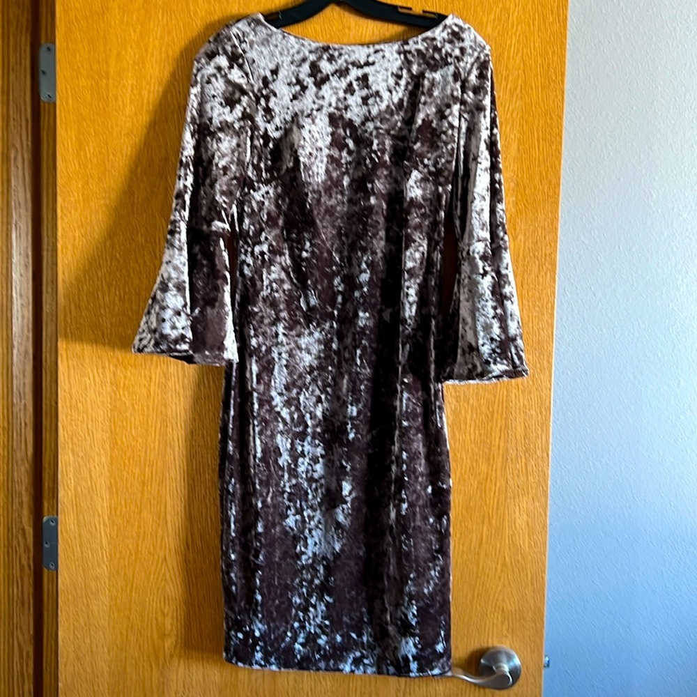 Calvin Klein Crushed Velvet Dress 4 Bell Sleeve Sheath Knee Length Tan Small